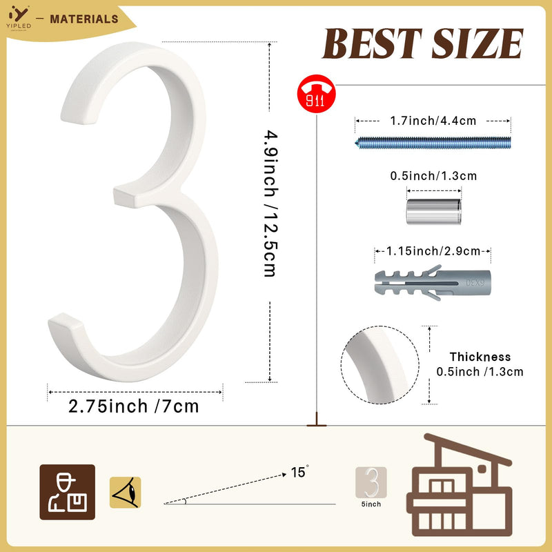 5 Inch House Numbers for Outside, Metal Address Number 3- Modern Design, Weather-Resistant White Crystal Powder Coated Finish, Stain Resistant, No Paint Peeling (White) 5 Inch