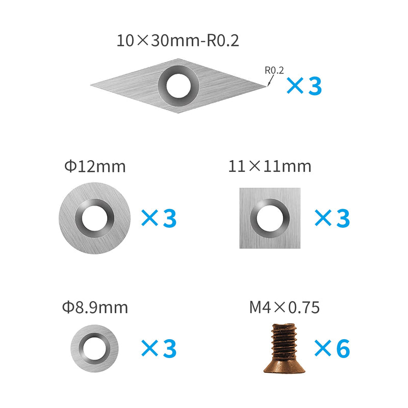 18 Pieces Tungsten Carbide Cutters Inserts Set for Wood Lathe Turning Tools Include 11 mm Square with Radius, 12 mm and 8.9 mm Round, 30 x 10 mm Diamond with Pointed Point,6 Pieces screws.