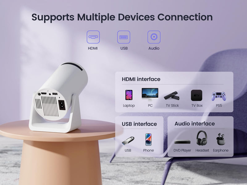 [Short Throw/Adjustable Stand]Mini projector with WiFi and Bluetooth, 2025 Upgrade Outdoor Portable Movie Projector 1080P, Auto Vertical Keystone, Home Projector for Phone/TV Stick, WiMiUS S27 (White) White