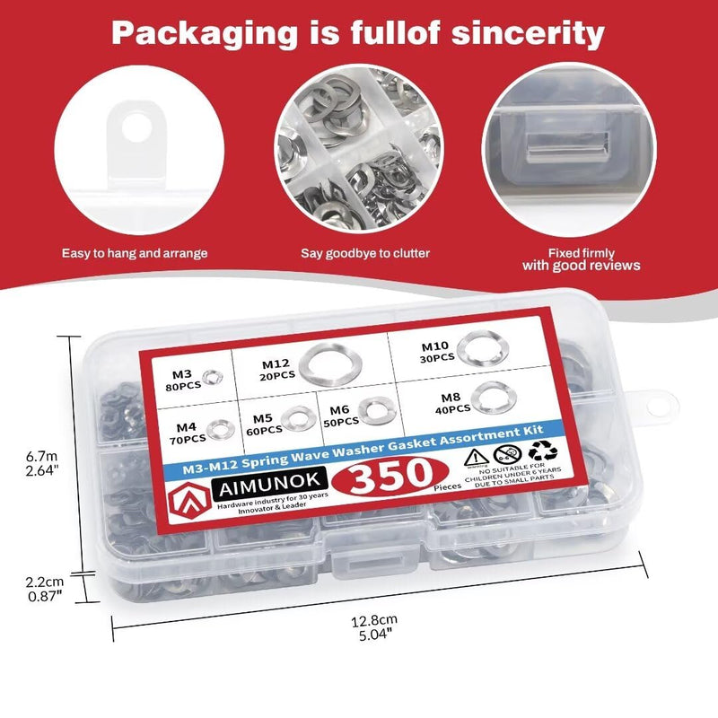 350PCS Spring Wave Washer Gasket Assortment Kit, M3 M4 M5 M6 M8 M10 M12 Wavy Wave Crinkle Spring Washers Sets, 304 Stainless Steel Metric Wave Spring Washer for Screw Bolt. 304 stainless steel M3-M12 Silver