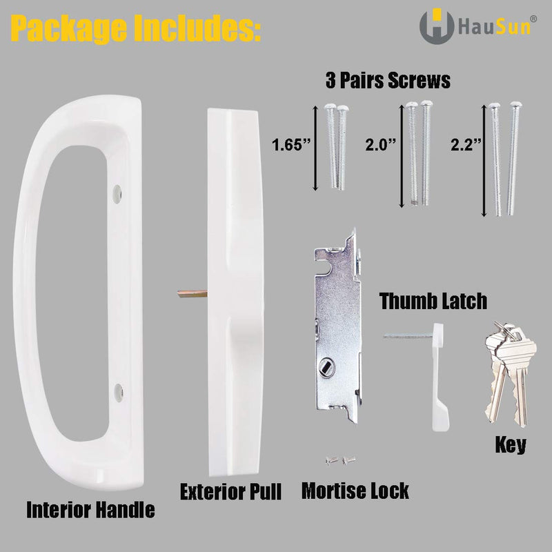 Sliding Patio Door Handle Set with Key Cylinder and Mortise Lock, Full Replacement Handle Lock Set Fits Door Thickness from 1-1/2" to 1-3/4", 3-15/16” Screw Hole Spacing, Reversible Design(Non-Handed) White