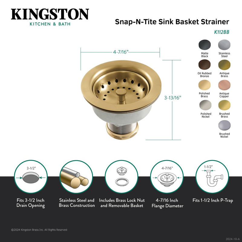 Kingston Brass K112MB Tacoma Kitchen Sink Basket Strainer, Matte Black 4.44 x 4.44 x 3.81