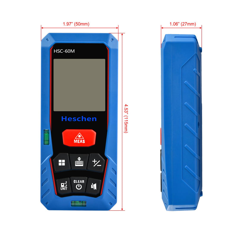 Heschen Laser Distance Meter, HSC-60M, 60m 196ft, with 2 Bubble Levels, Portable Laser Rangefinder Digital Distance Meter, for Measuring Distance, Area, Volume