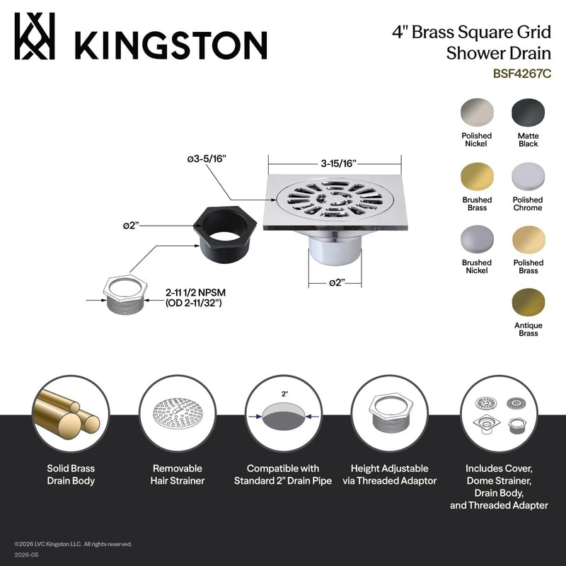 4" Brass Square Grid Shower Drain with Hair Strainer, Polished Brass