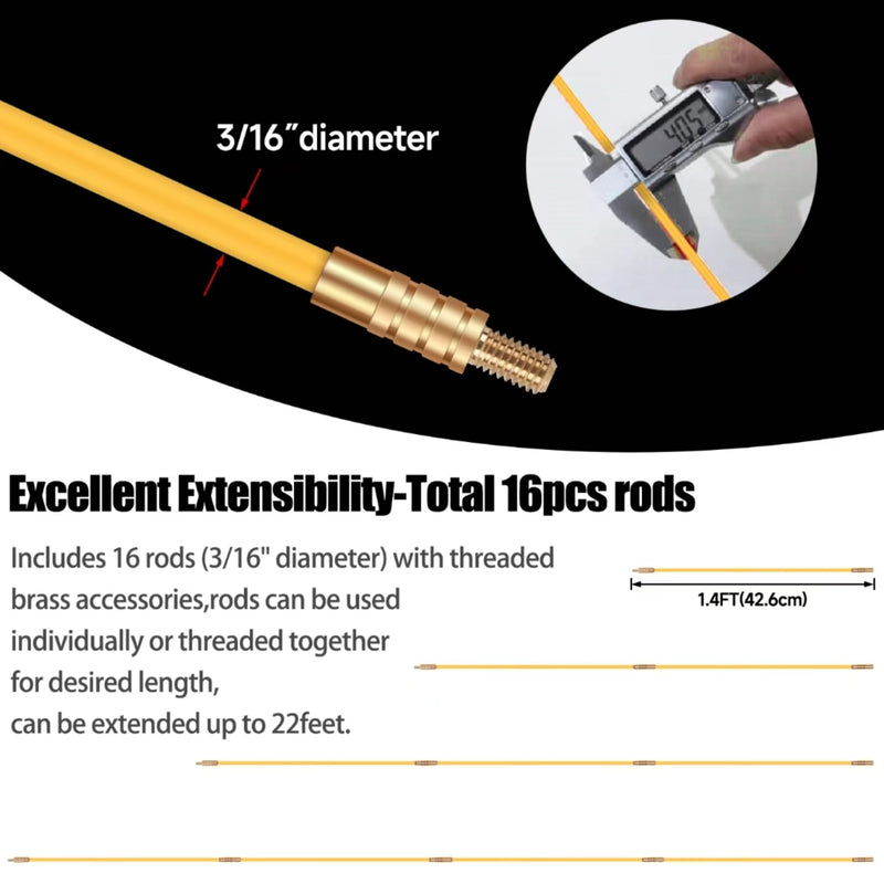16.8FT Fiberglass Running Electrical Wire Cable Glow Rods Wire Pulling, Fish Rods Electrical Kit with 6 Different Attachments and Fish Tape Wire Puller Kit (Yellow) 16.8FT