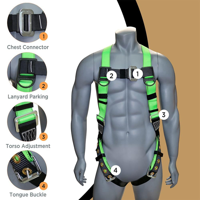 AFP Universal Full-Body Safety Harness w/Dorsal D-Ring Tongue Buckle Legs High-Viz Green, Shock Absorbing Lanyard (OSHA/ANSI) 1 Pack Harness + Single Leg Lanyard W/ Snap Hooks - NewNest Australia