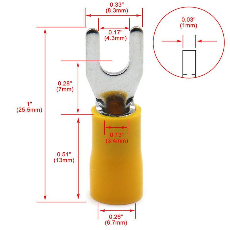 Baomain Insulated Fork Spade Wire Connector Electrical Crimp Terminal SV5.5-4 12-10 AWG (4-6 mmq) USA Screw #8 (100PCS) 100