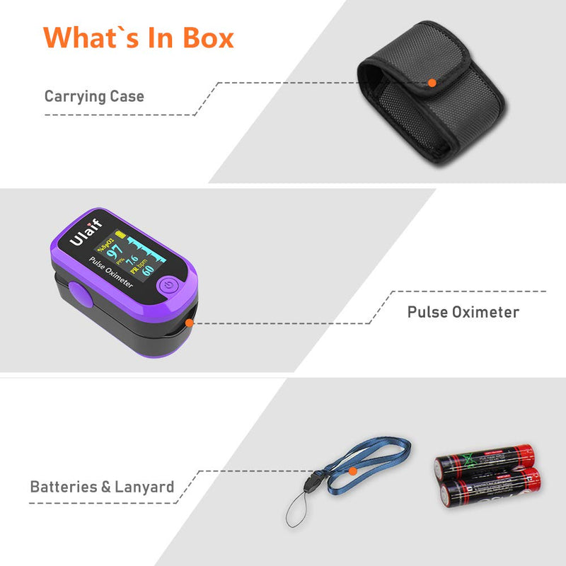 Pulse Oximeter, OLED Display Oxygen Monitor Fingertip, Blood Oxygen Saturation Monitor (SpO2) with Carrying Case, Batteries and Lanyard Purple