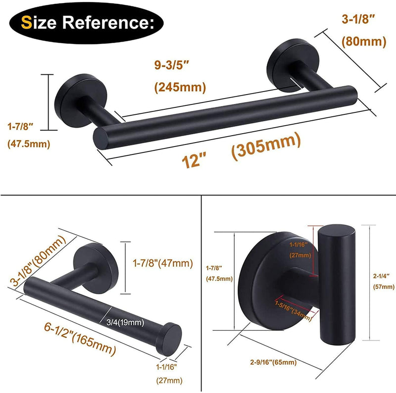 12 Inch Towel Bar Sets Bathroom Accessory 3 Pieces Restroom Towel Holder Toilet Paper Holder and Hook Set SUS 304 Stainless Steel Bathroom Hardware Heavy Duty Wall Mount (Matte Black)