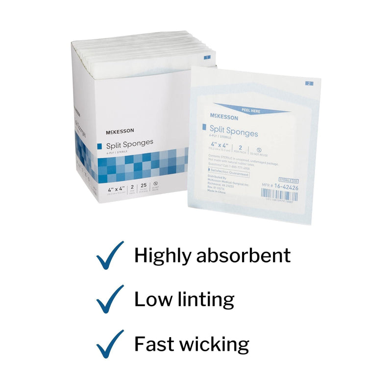 McKesson Split Sponges, 6-Ply Sterile, I.V. and Tracheostomy Dressings, Polyester/Rayon Blend, 4 in x 4 in, 2 Boxes, 25 Packs per Box, 2 per Pack, 100 Total