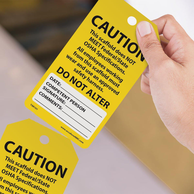 100 Scaffolding Tags by-The-Roll, Scaffold Does Not Meet Federal/State OSHA Specifications, US Made OSHA Compliant Scaffold Tags, Waterproof PF-Cardstock, Resists Tears, 6.25"x3", TAR101 100 Tags