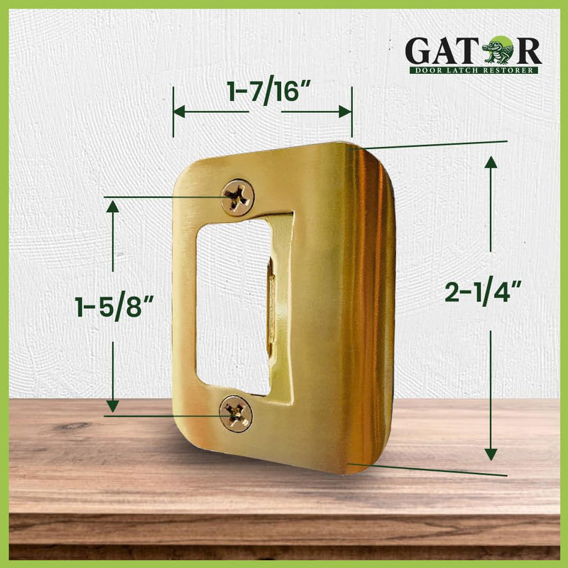 Gator Door Strike Plate with Screws, – 2-1/4" by 1-3/4" Universal Latch Restorer Alloy Steel Lock Hardware for Interior and Exterior Doors, Replacement Door Latch Plate | Bright Brass 4-Pack