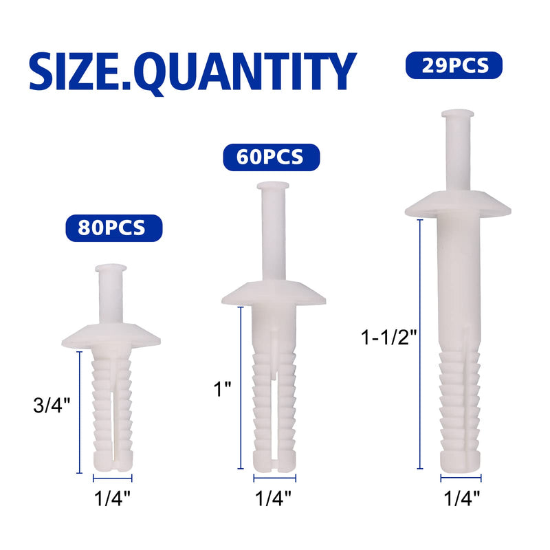 Nylon Truss Nail Drive Anchor Assortment, Nylon Nail Drive Anchors, 1/4'' x 3/4'', 1/4'' x 1'', 1/4 x 1-1/2'' BUSY-CORNER 169 Pieces