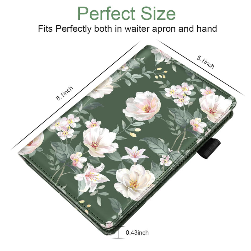 WAVEYU Cute Server Books for Waitress Waiter, Leather Guest Book Note Pad with Zipper, Money Organizer Wallet, Cash Check Bill Receipt Holder Presenter, 8x5 inch, Green Flower
