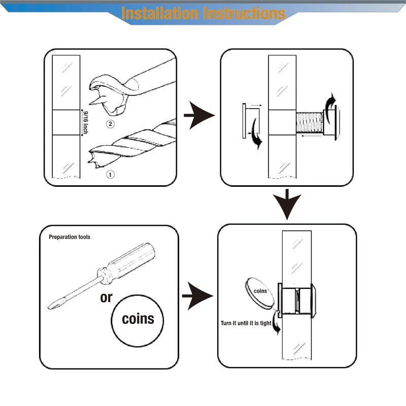 2-PCS 180-degree Door Peephole Viewer for 1-1/2" to 2-1/4" Doors with 14mm (9/16") Tungsten Carbide Wood Bit,Bright Chrome,Enhance Security and Convenience with Wide Angle Viewing 180 Degree Bright Chrome