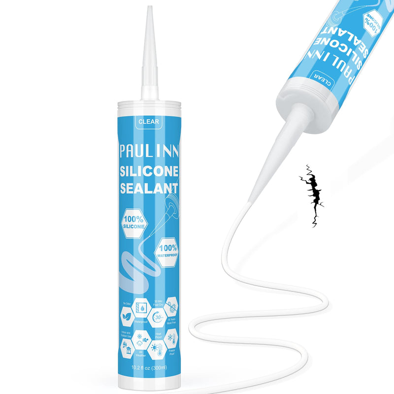 PAULINN Clear Silicone Sealant, 100% Waterproof Silicone Adhesive Caulk for Rv Marine Home Window Roof Door Kitchen Bathroom Bathtub Shower Auto Leak Seal, 10.2 Oz, 1 Packs