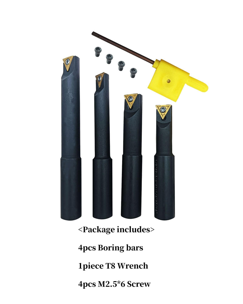 GBJ 1/2"Round Shank Boring Bar Set,90 Degree with Indexable Carbide Inserts TCMT21.51(TCMT110204),4 Pieces/Set for Processing Steel and Stainless
