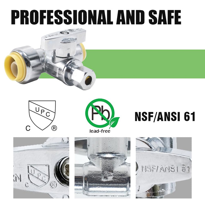 Service Tee Stop Valve, 1/2 Inch x 1/2 Inch x 1/4 Inch, 1/4 Turn, Compression Service Stop Fitting, Water Valve Shut Off, Push-to-Connect, PEX, Copper, CPVC, PE-RT