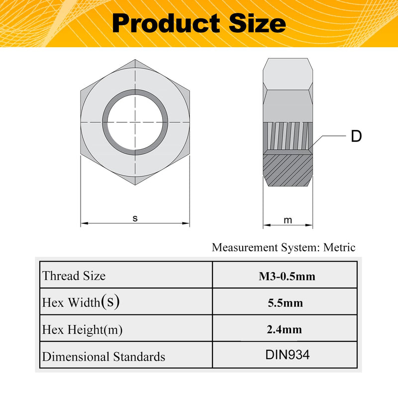 200pcs M3-0.5 Hex Nut, 304 Stainless Steel, M3 x 0.5mm Tiny Nuts Fasteners, Hex Drive, Metric, Right Hand, Small Replacement Nut with Plastic Case