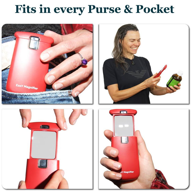 EasY Magnifier Small Pocket Magnifying Glass 3.0X with LED Light for Reading; Lighted Hand Held Coin Loupe; Mini Magnify Lens; Gifts for Seniors Sedona Red