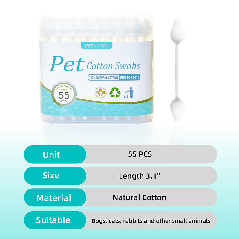 MEDUWEDU Pet Cotton Swabs, 55 Count｜Gourd-Shaped Tips｜Soft Cotton & Paper Stick｜Dog & Cat Ear Cleaner Swabs｜Safe Grooming Tool for Pets 1 Pack