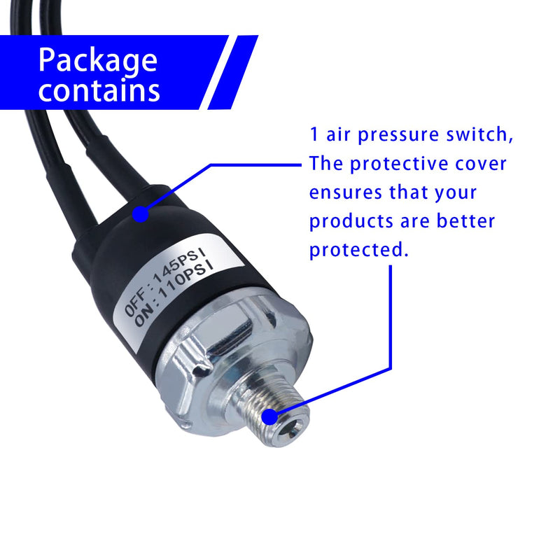 mankk Air Pressure Switch 110-145 PSI Thread 1/8" NPT 24V 12V DC Air Compressor Pressure Switch with Line for Air Horn Train 110-145-1/8" NPT-X-W