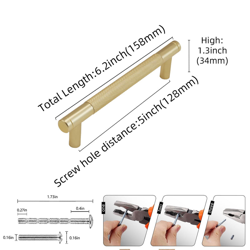 10 Pack 5Inch Kitchen Cabinet Handles Brushed Brass Knurled Cabinet Pulls Gold Drawer Pulls Kitchen Hardware Kitchen Handles for Cabinets Cupboard Handles Drawer Handles 5'' Hole Center(128mm) 10