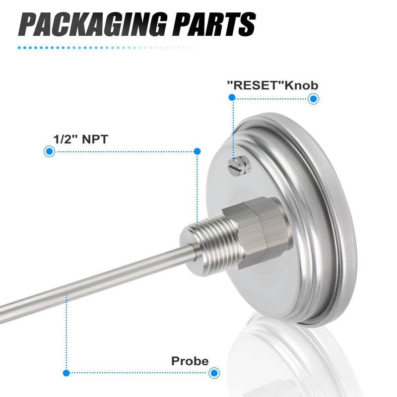 MEANLIN MEASURE 2PCS 1/2" NPT Bimetal Thermometer, 3" Dial, 4.3" Stainless Steel Stem, Accuracy 2%, Center Back Mount, Temperature Range 50-500°F/0-250°C for Hot Water, Boilers and Pipes 4.3" Rod (Center Back Mount)