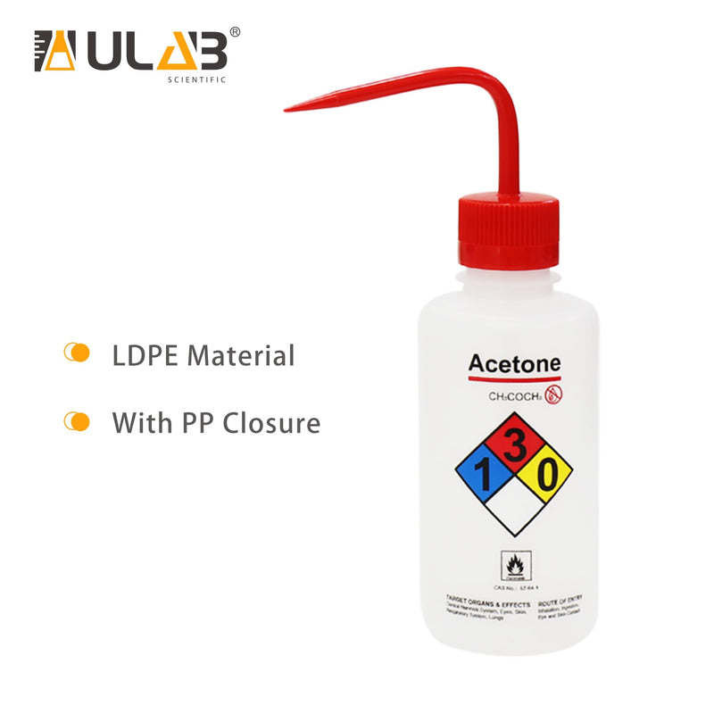ULAB Safety Wash Bottles, 4pcs of Acetone Wide-Mouth Wash Bottles, LDPE Material, Vol.500ml, UWB1022 4pcs, Acetone Label