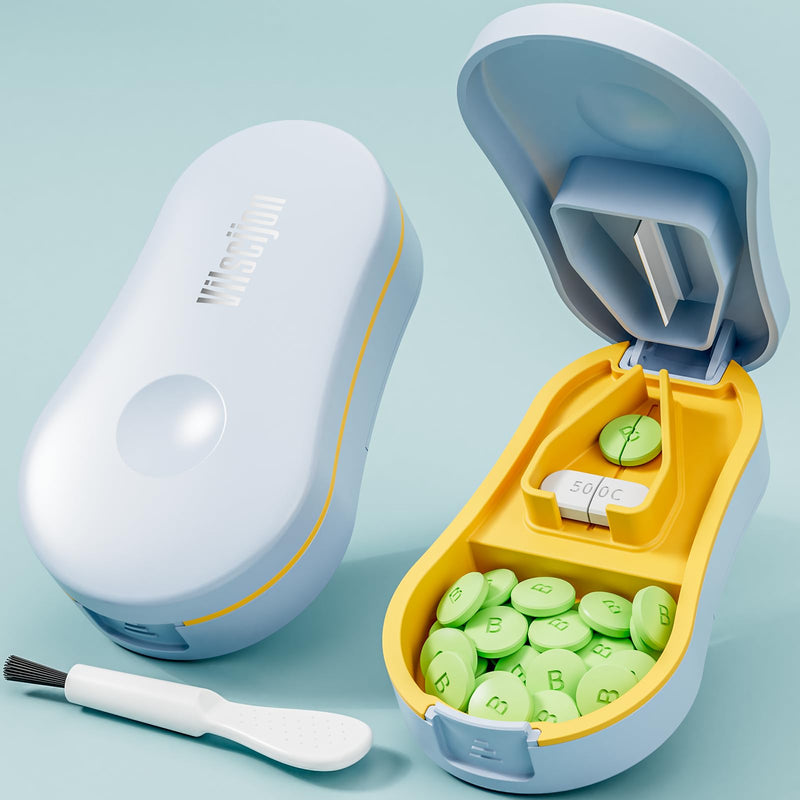 Pill Cutter for Small and Tiny Pills - Pill Splitter with Detachable Silicone Pad - Easy Open Snap Button. Wrap-Around Blade Guard Prevents Cuts. Back Storage (Blue) Blue