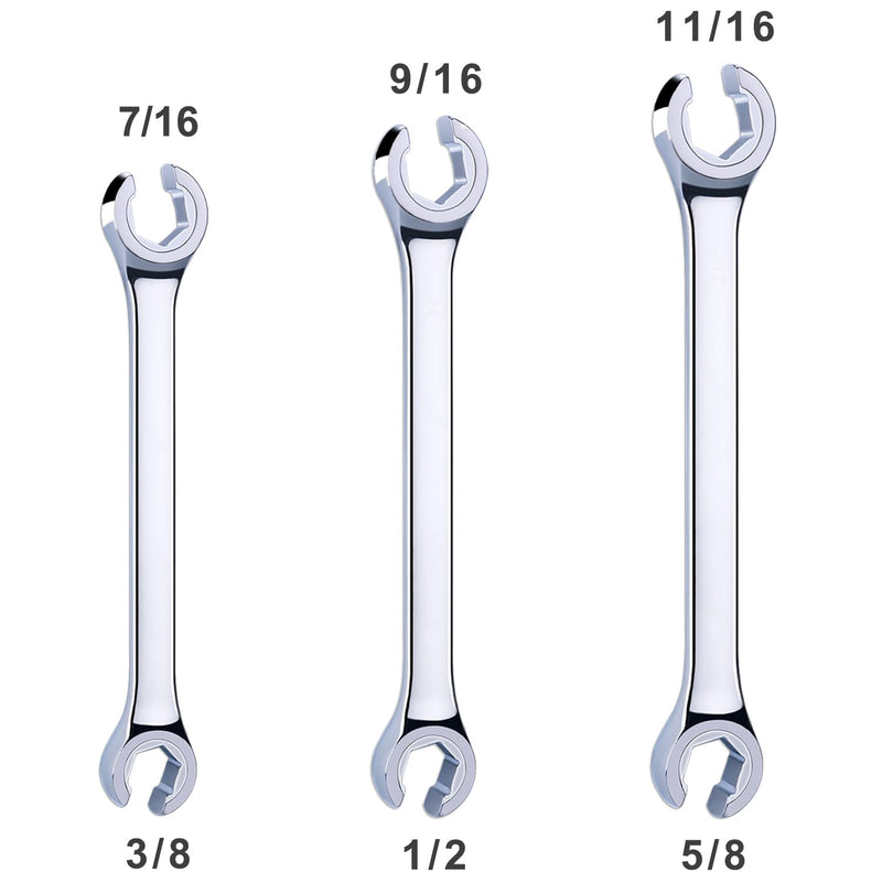 3-Piece Premium Double-End SAE Flare Nut Wrench Set, Size 3/8”, 7/16”, 1/2”, 9/16”, 5/8”, 11/16” | Cr-V Steel, 6-Point Head, 15° Offset | Perfect Line Wrench for Fuel, Brake, Air Conditioning and More SAE Set, 3-Piece