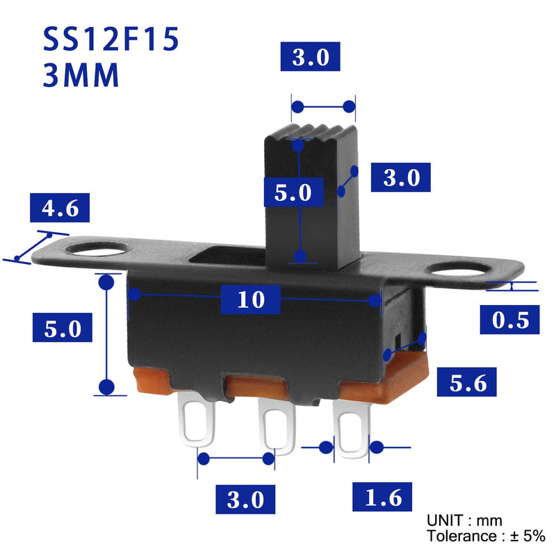 Mini Micro Slide Switch - 1p2t 2 Position - 20pcs SPDT Toggle Switch - Panel Mount Small High Knob Vertical for Breadboard PCB Arduino Electronic Board - (SS12F15) 5mm - Dip Miniature Slide Switch SS12F15-5mm-20pcs