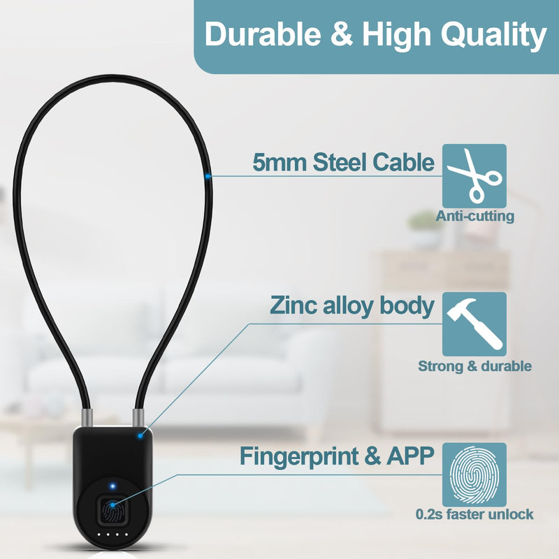 Fingerprint Cable Lock, 6" Long Cable Smart Padlock with Fingerprint Bluetooth APP, Keyless Biometric Waterproof Outdoor Gate Lock for Refrigerator French Door Fence Backyard Pantry Black 6" Shackle