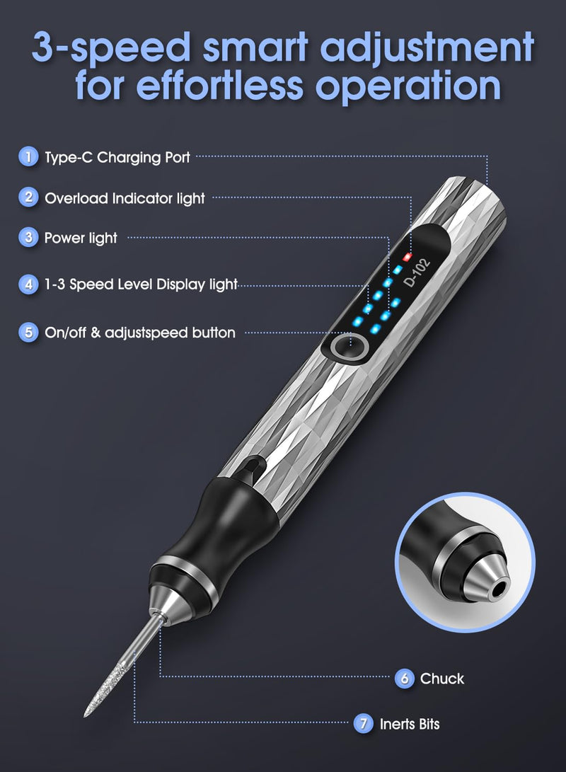 Upgraded Electric Engraving Pen with 37 Bits & 3-Speed Adjust,USB Rechargeable,Rotary Tool for 50+ Surfaces - Professional & Beginner Friendly, Portable for DIY Crafts,Personalization & Gifts Silver