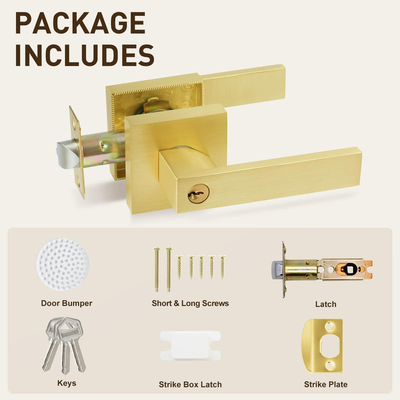 2 Pack Golden Polished Brass Door Lever with Lock and Different Keys,Unlock New Home Style，Reversible for Bedroom, Bathroom & Front Door 2 Pack