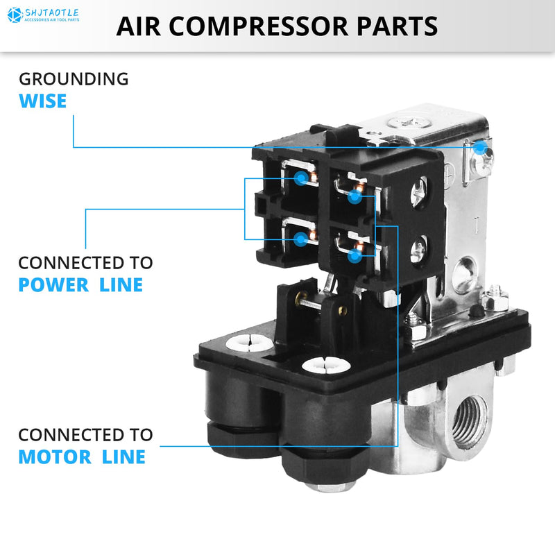 Universal Air Compressor Pressure Switch Control Valve (90-120 PSI, 110V-240V) with 0-180 PSI Regulator and Safety Pressure Relief Valve - 4 Way Replacement Part (110V-240V-B9) 110V-240V-B9