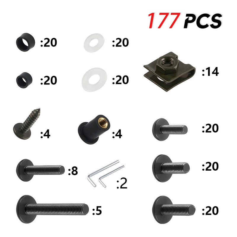 Motorcycle Fairing Bolt Kit, 177pcs M5 M6 Motorcycle Windscreen Screws, Aluminum Fasteners Fairing Bolts Nut Clips Kit, Mounting Kits Washers Nuts Screws Assortment for Sport Bikes (Black) Black