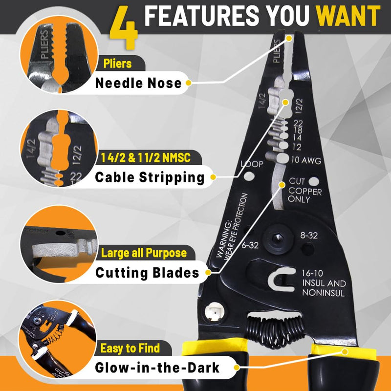 Rack-A-Tiers Croc's Needle Nose Wire Strippers AWG 10-22, Wire Crimper & Stripper, Wire Stripper Cutter, Ergonomic Glow-in-the-Dark Handles, Wire Insulation Stripper (47000) Pack of 1