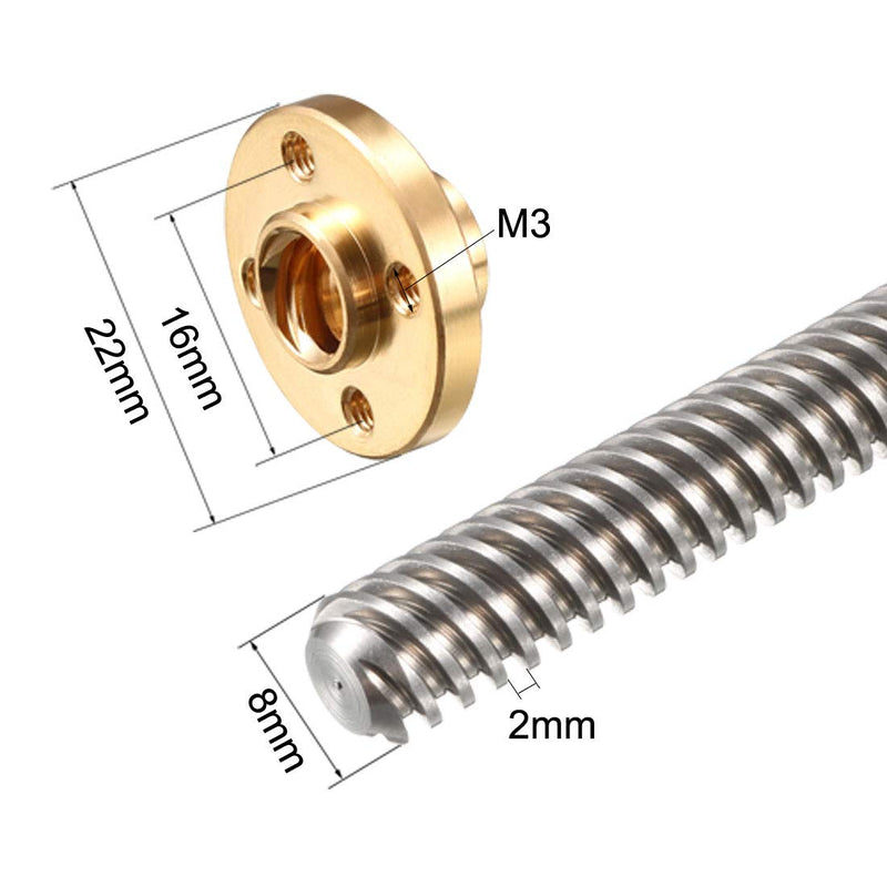 uxcell 100mm Length T8 8mm Dia Lead Screw Rod,8 Lead Stainless Steel Lead Screw Rod with Copper Nut Trapezoidal Thread for 3D Printer Z Axis2pcs