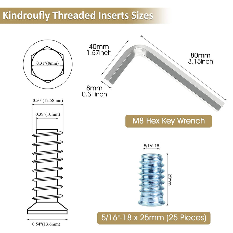 5/16"-18 x 25mm Threaded Inserts, Nut Inserts, Wood Inserts, Blue Zinc Plated Carbon Steel, 5/16-18 Threaded Inserts with Hex Wrench for Wood Furniture Screw, Total 26 Pieces, Blue Color 5/16"-18 x 25mm - NewNest Australia