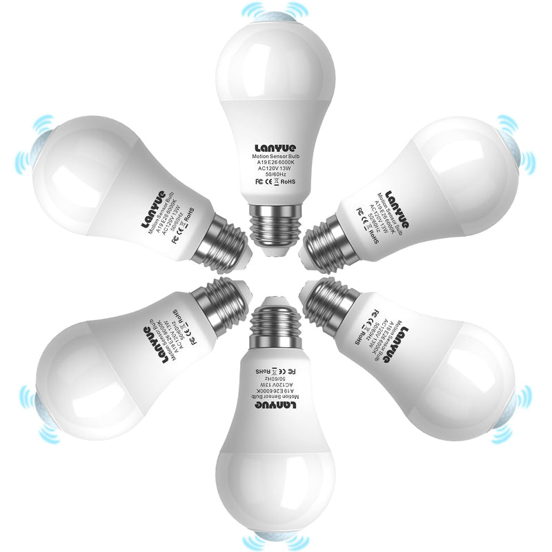 Motion Sensor Light Bulb,Activated Detector Light Bulb Indoor,Dusk to Dawn Security Bulb,13W Equivalent 100W,E26 Base 6000K Daylight,6 Packs LY-A19H001