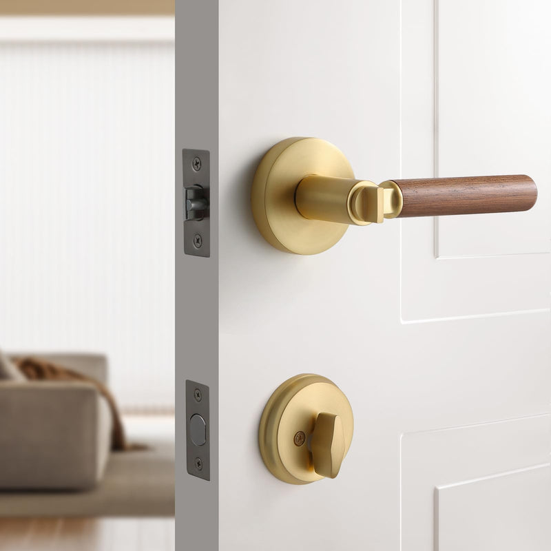 YAGU Wooden Round Entry Lever Door Handle and Single Cylinder Deadbolt Locking Lever Handle Set Pack of 1 [Front Door or Office] Right & Left Sided Doors Heavy Duty – Satin Brass Finish 1 Pack Entry & Deadbolt Combo