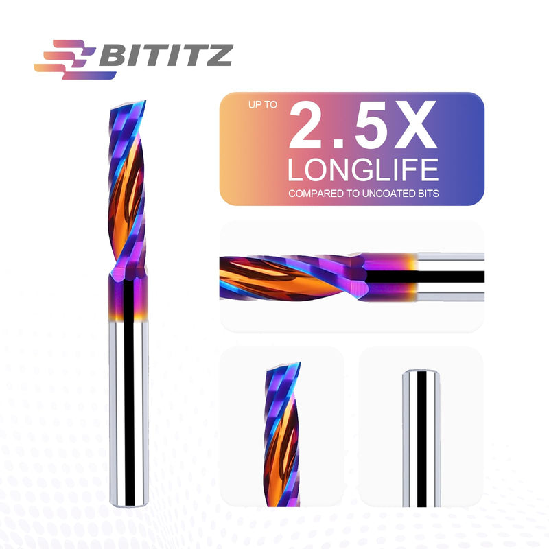 2PCS O Flute Spiral Router Bit 1/4 Inch Shank 1/4 Inch Cutting Diameter 1 inch Cutting Length with Extra Long Life Coating CNC Router Bits End Mill for Wood Cutting, Slot Mortise, Engraving 2 pieces