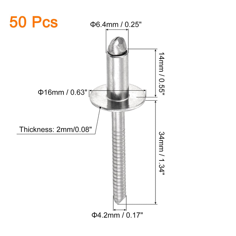 uxcell 50Pcs 1/4"x1/2" 304 Stainless Steel Large Flange Round Head Rivets, Large Cap Open End Blind Rivets for Construction, Automotive Manufacturing, Aerospace, Shipbuilding (Silver) 1/4"x1/2"