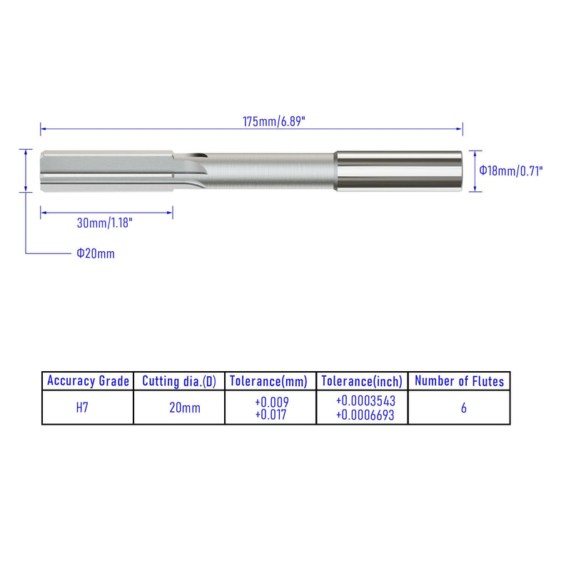 Chucking Reamer 20mm, H7 HSS Cobalt M35 Lathe Machine Reamer Metric, 6 Straight Flutes, Round Straight Shank Milling Cutting Tool, for Stainless Steel Alloy Copper Metal