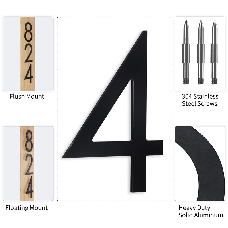 10 Inch Black House Numbers For Outside, Floating House Numbers Metal Large Modern House Numbers For Outside, Address Numbers For House Black Floating Mount Flush Mount Aluminum Home House Numbers 4 #4