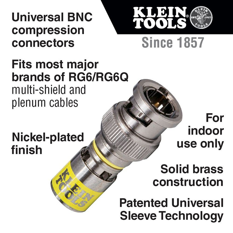 Klein Tools VDV813-607 Universal BNC Compression Coax Connector, for RG6/6Q Coaxial Cables, Male, 10-Pack BNC, RG6/6Q Male, 10 Pack