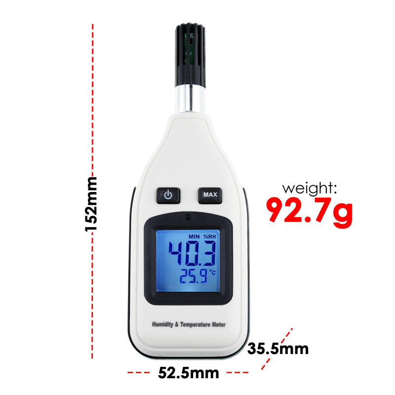 Digital Humidity 0~100% RH and Temperature Meter, 30~70°C, MAX/MIN Hold, Handheld Portable with LCD Backlight