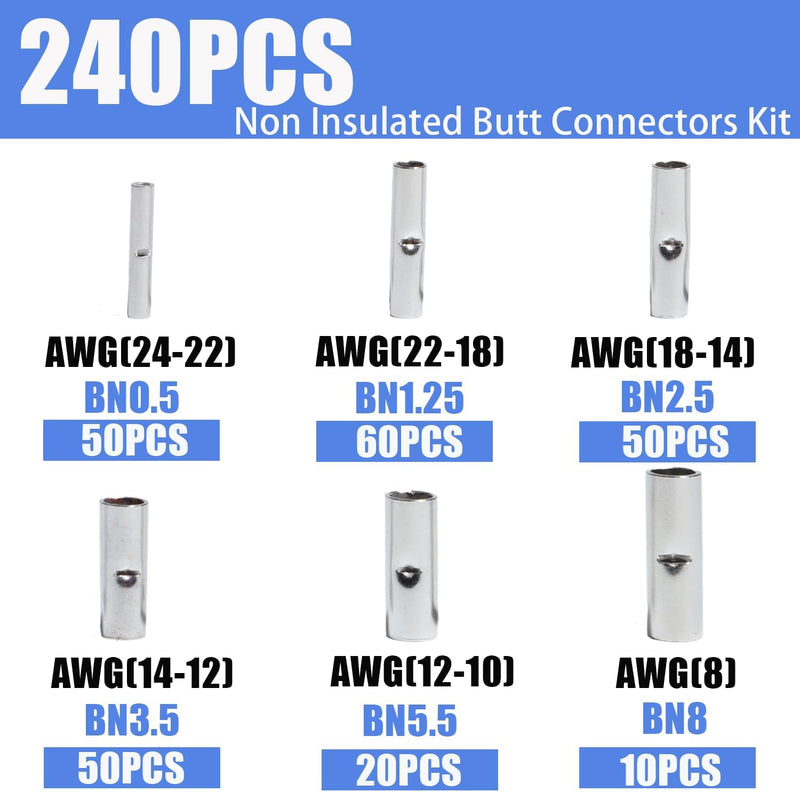 Wirefy 100 PCS Non Insulated Butt Connectors Kit - Butt Splice Connectors - Uninsulated Crimp Wire Connectors - 24-8 AWG | Uninsulated Butt Connector | Wire Butt Connectors 100 PCS - 24-8 AWG