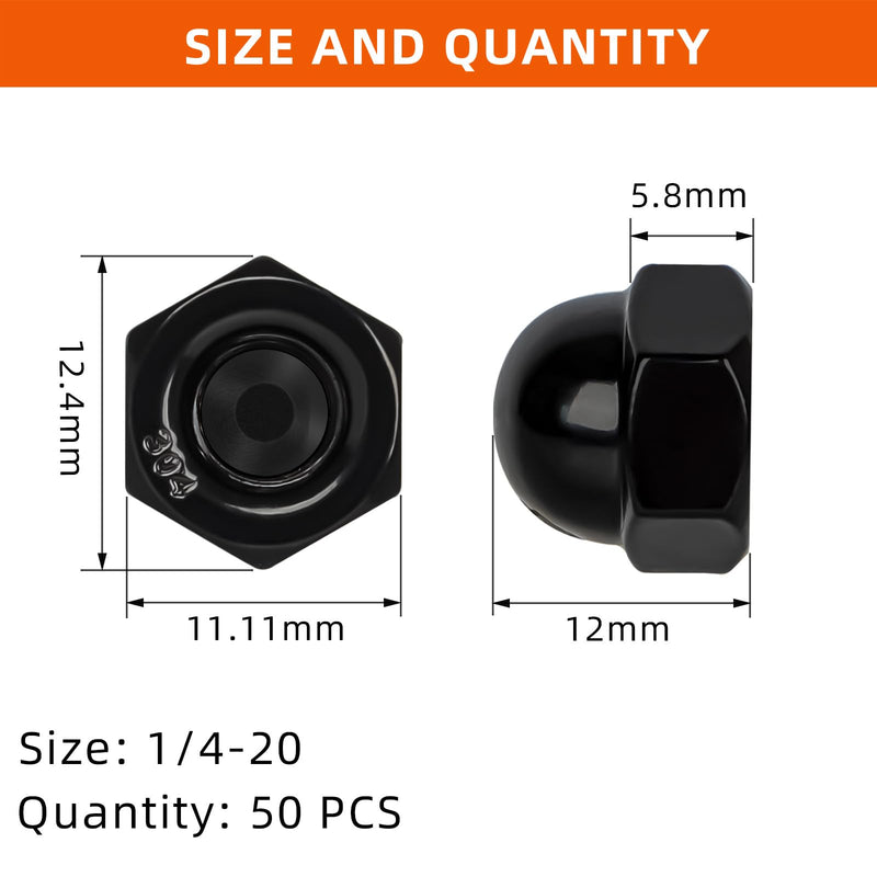 1/4-20 Acorn Cap Nuts, 304 Stainless Steel 18-8, Black Finish, 50 PCS 1/4"-20